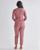 Back View - A Pregnant Woman Wearing 2-Piece Kyra Maternity Loungewear/Sleepwear PJ set in Pink from Angel maternity