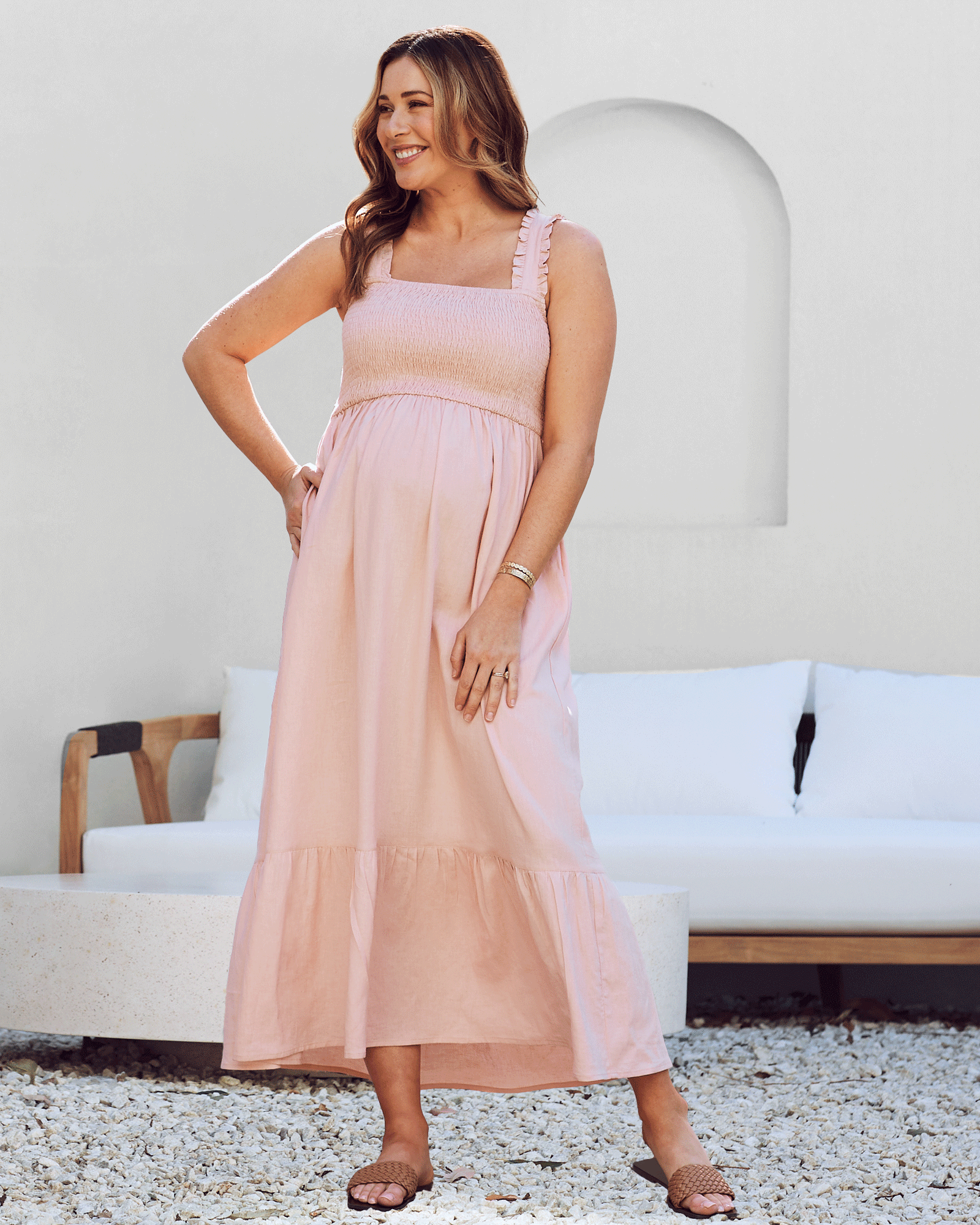 Side View - Maternity shirred maxi dress in pink