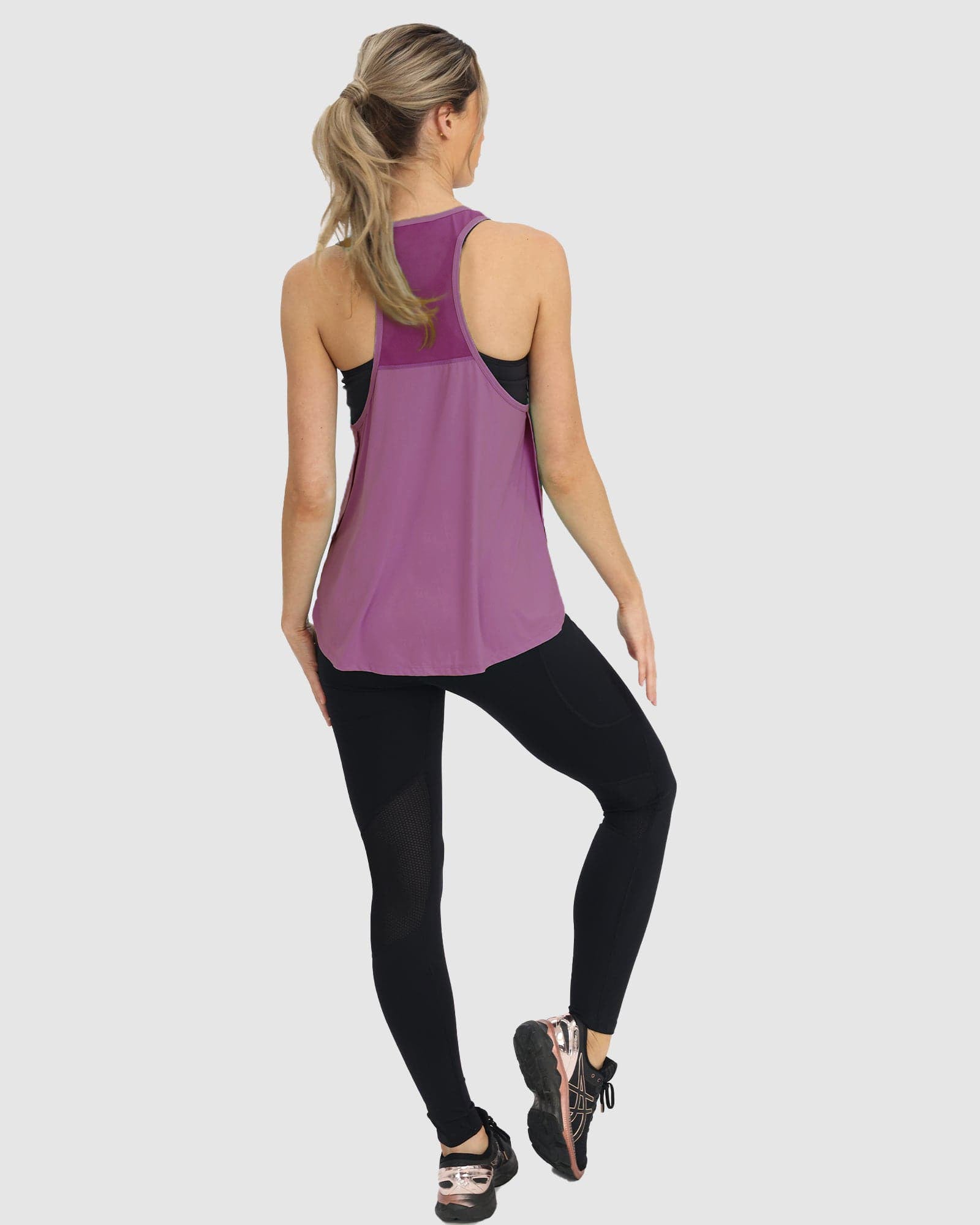 Back view- maternity sport singlet in purple