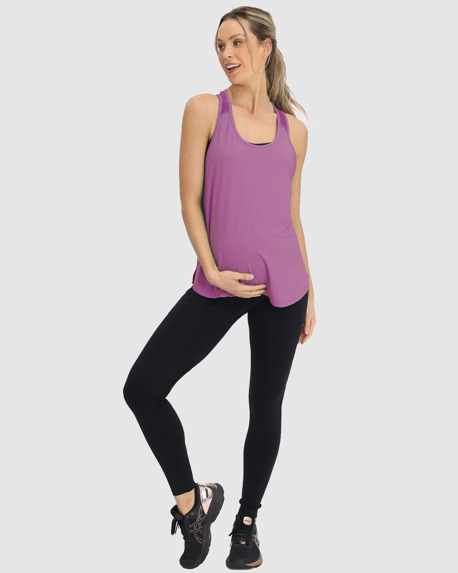 front view- maternity sport singlet in purple