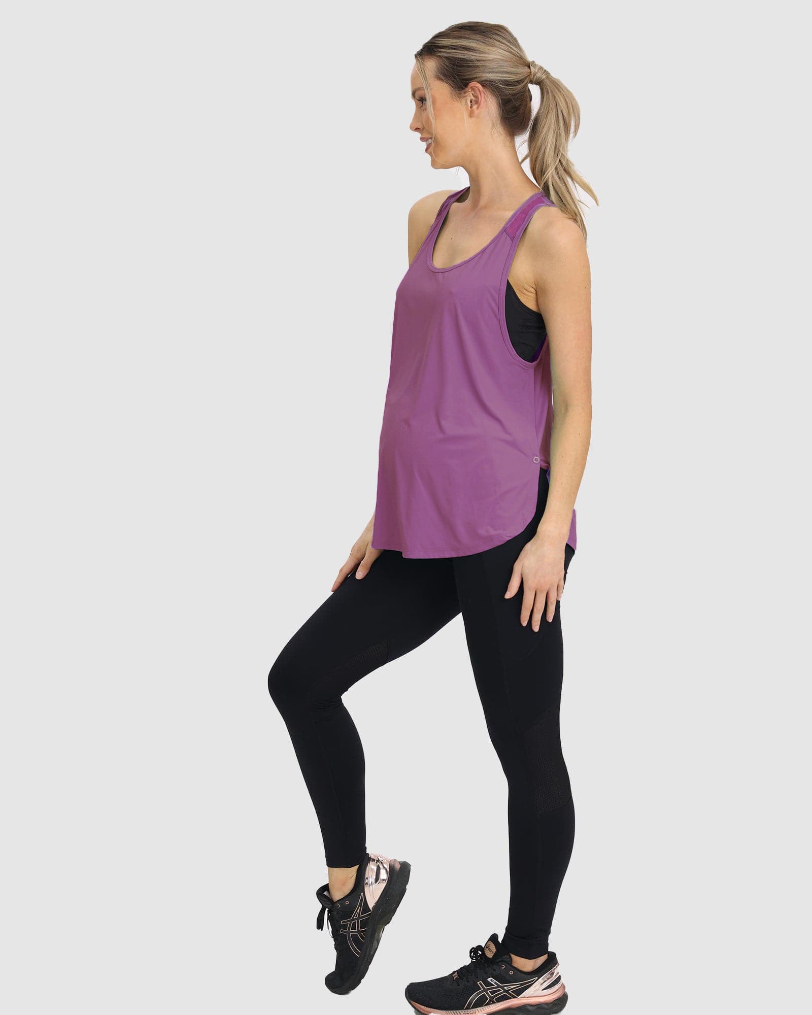 Side view- maternity sport singlet in purple