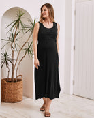 Front view- maternity nursing maxi dress black