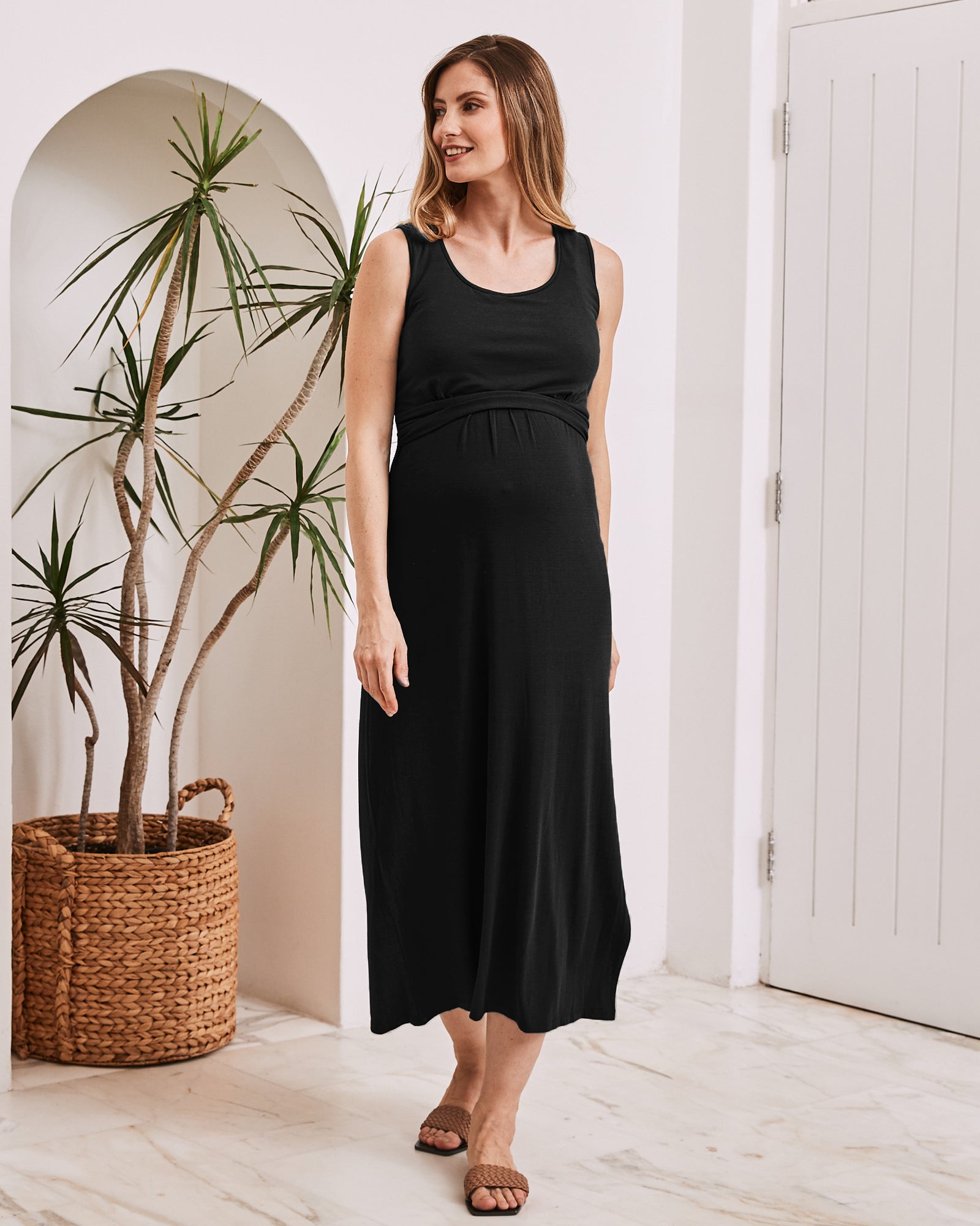 Front view- maternity nursing maxi dress black