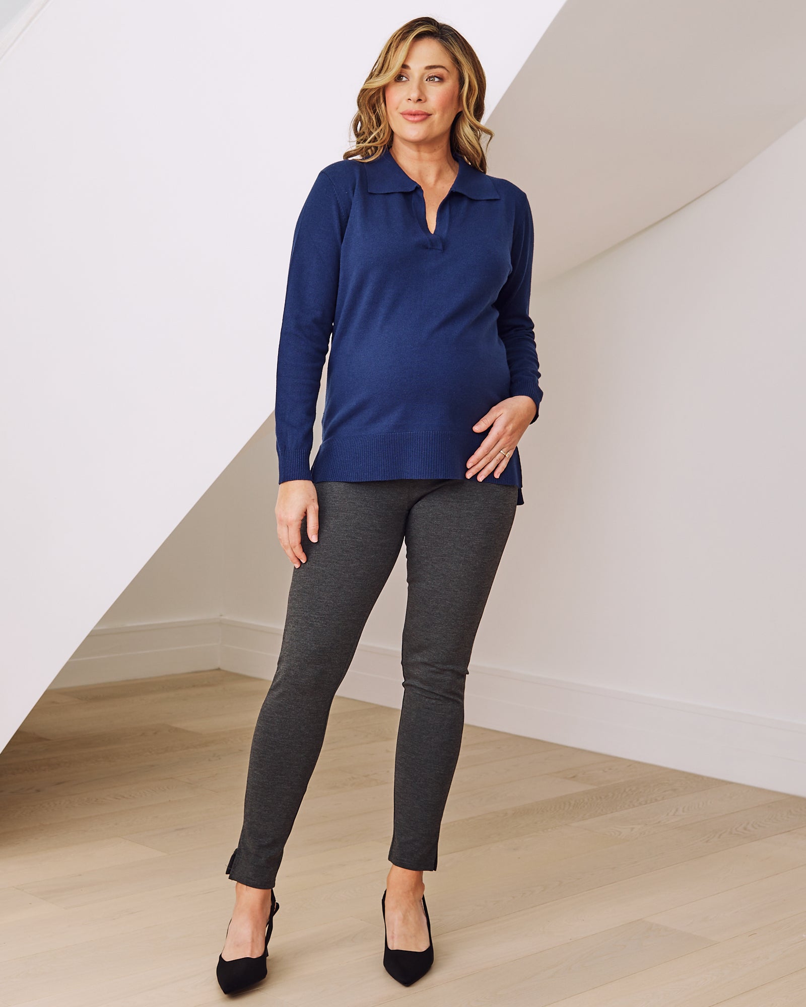 Maternity nursing polo knit navy back view