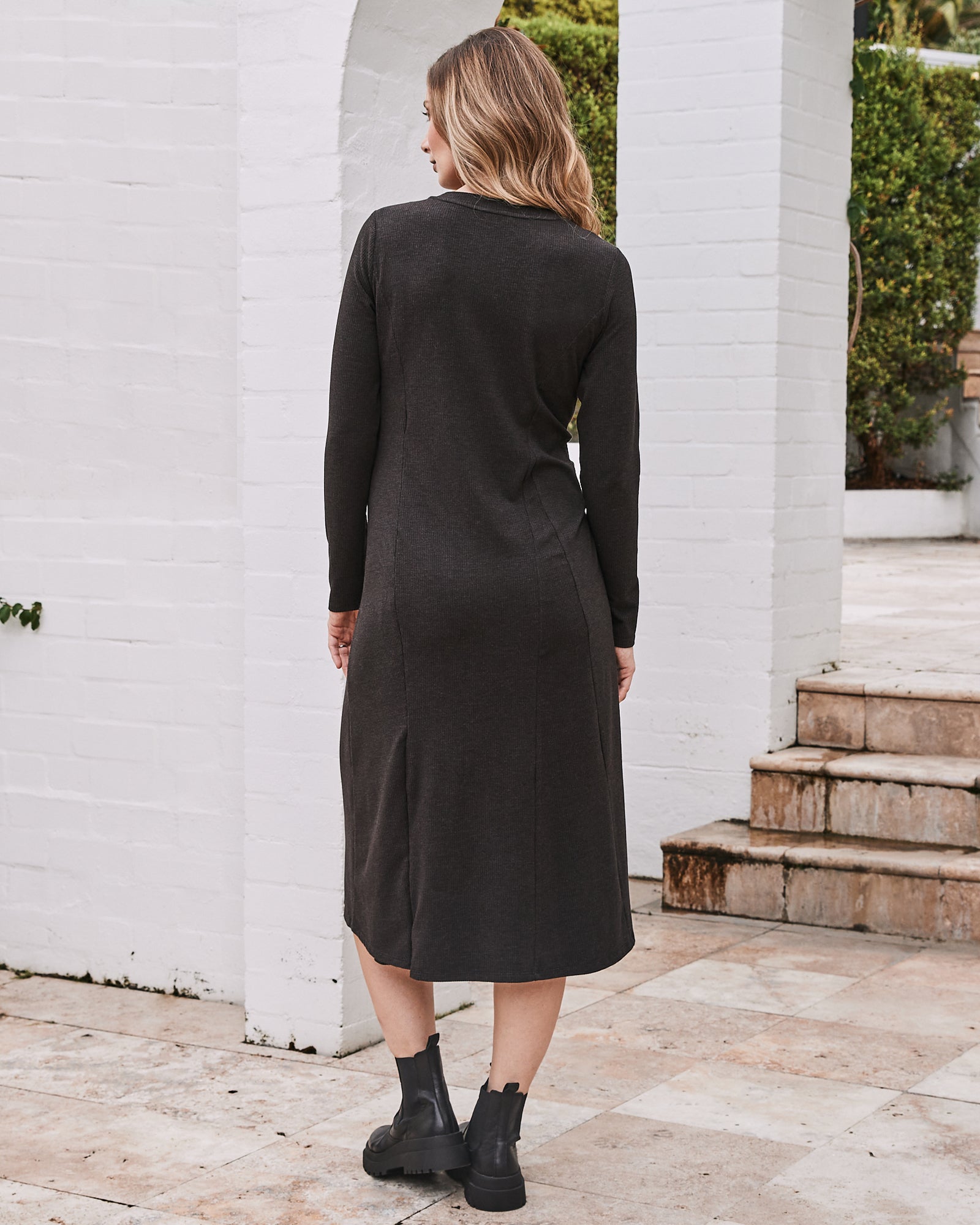 Back View- Maternity midi rouged dress charcoal