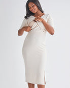 A Woman Showing Easy Breastfeeding Access on  Maternity Cross Over Off Shoulder Top from Angel Maternity