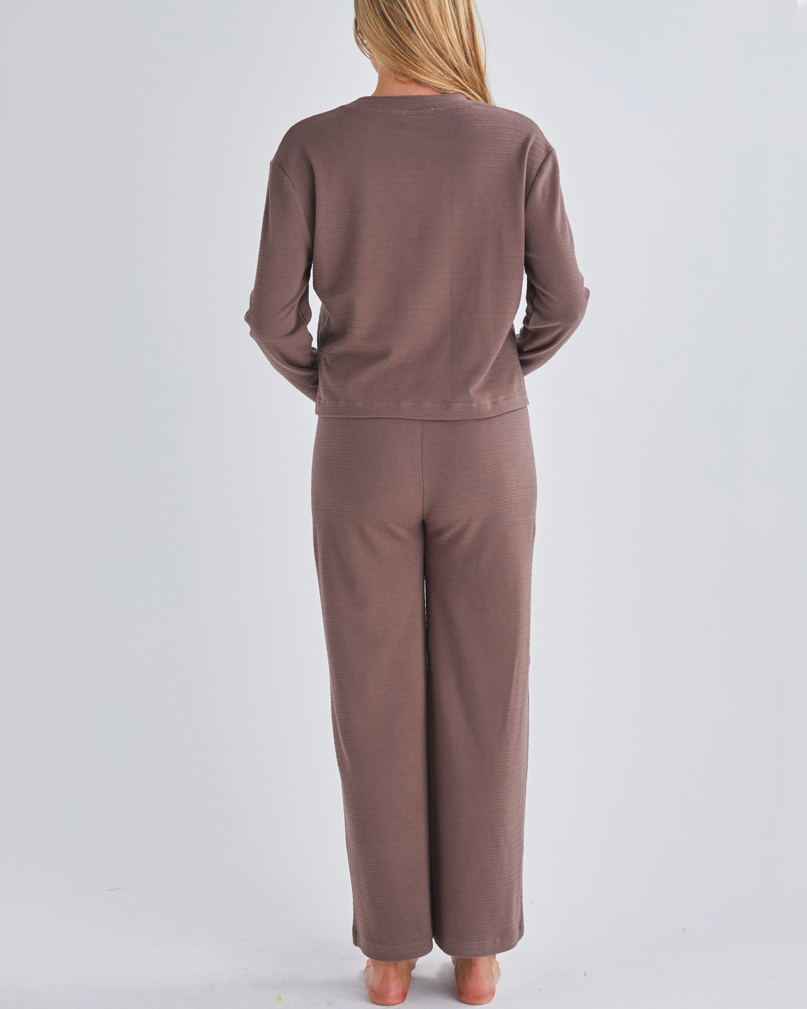 Back View - A pregnant Woman Wearing 2-piece Maternity Winter Lounge Set in Mocha from Angel Maternity