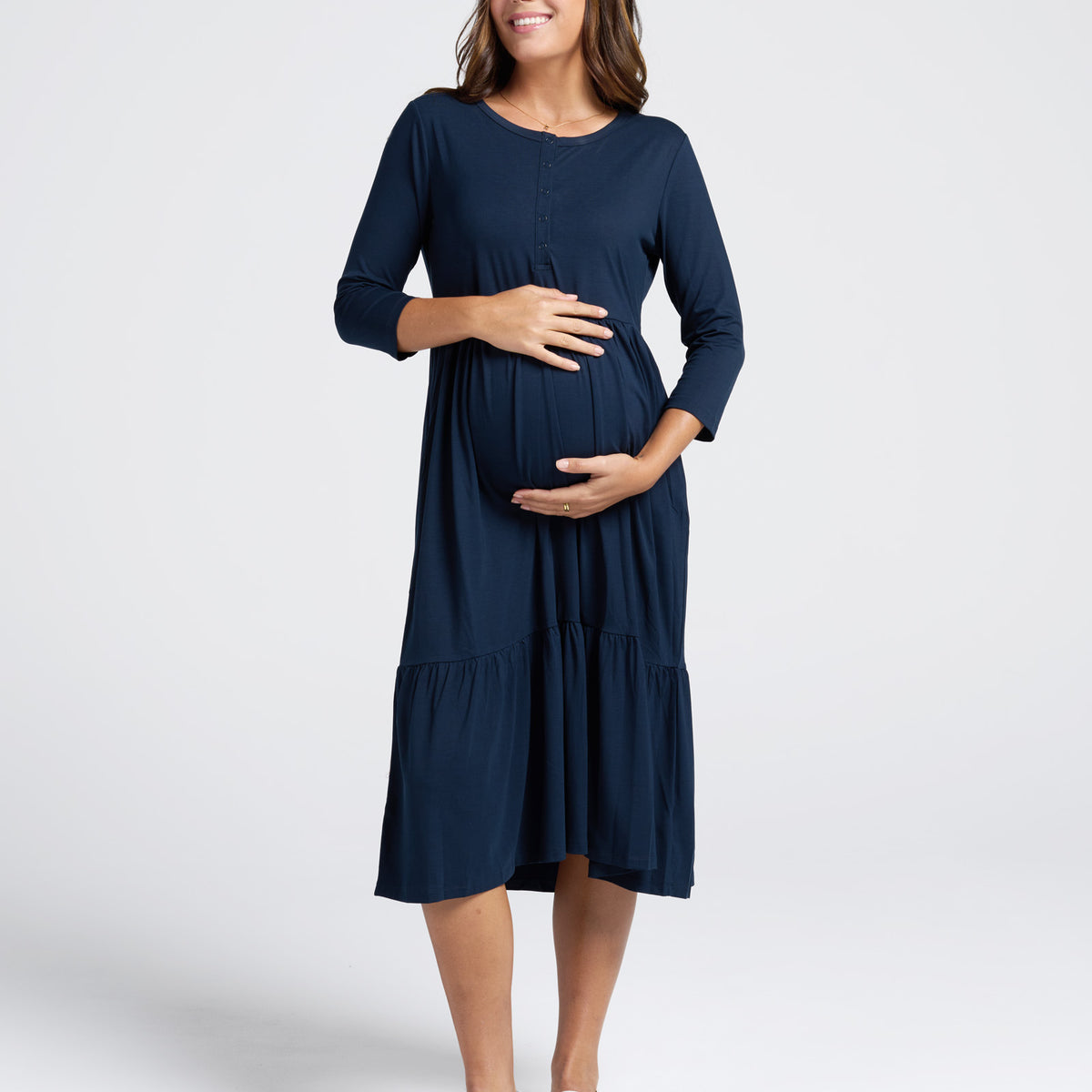 Tiered Maternity Midi Dress in Navy > Nursing Friendly – Angel