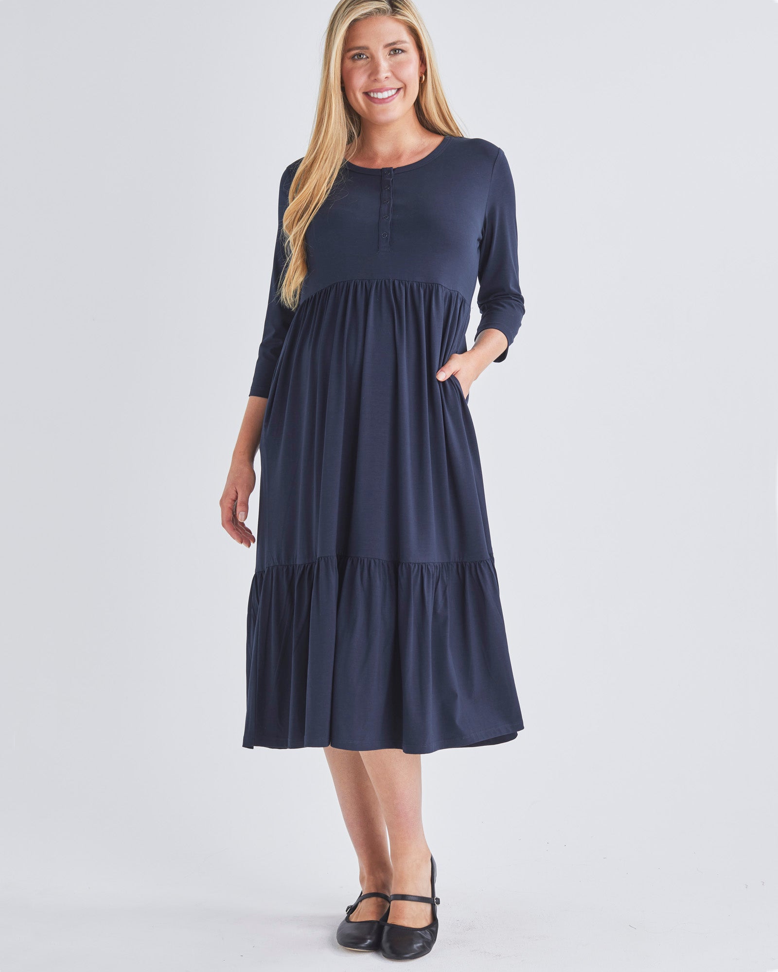 A Pregnant Woment Wearing Tiered Maternity Midi Dress in Navy from Angel Maternity Australia