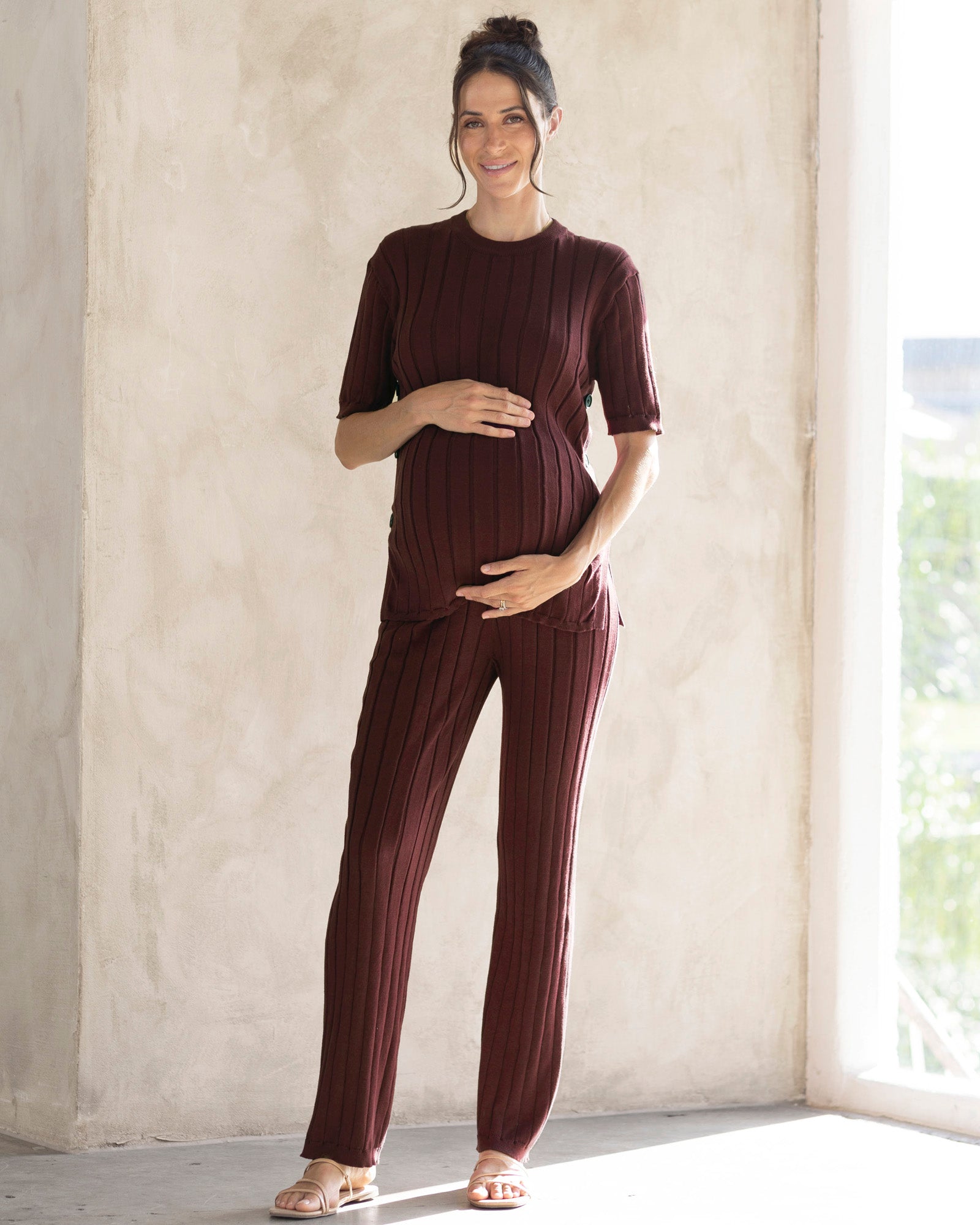 wide brown maternity knit lounge set