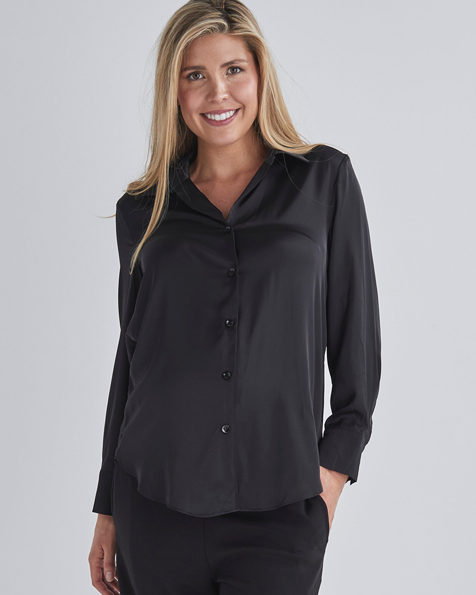 Main view-This maternity work shirt has long sleeves with a button up cuff which you can dress it up or down, this versatile piece offers comfort and sophistication for any occasio from Angel Maternity
