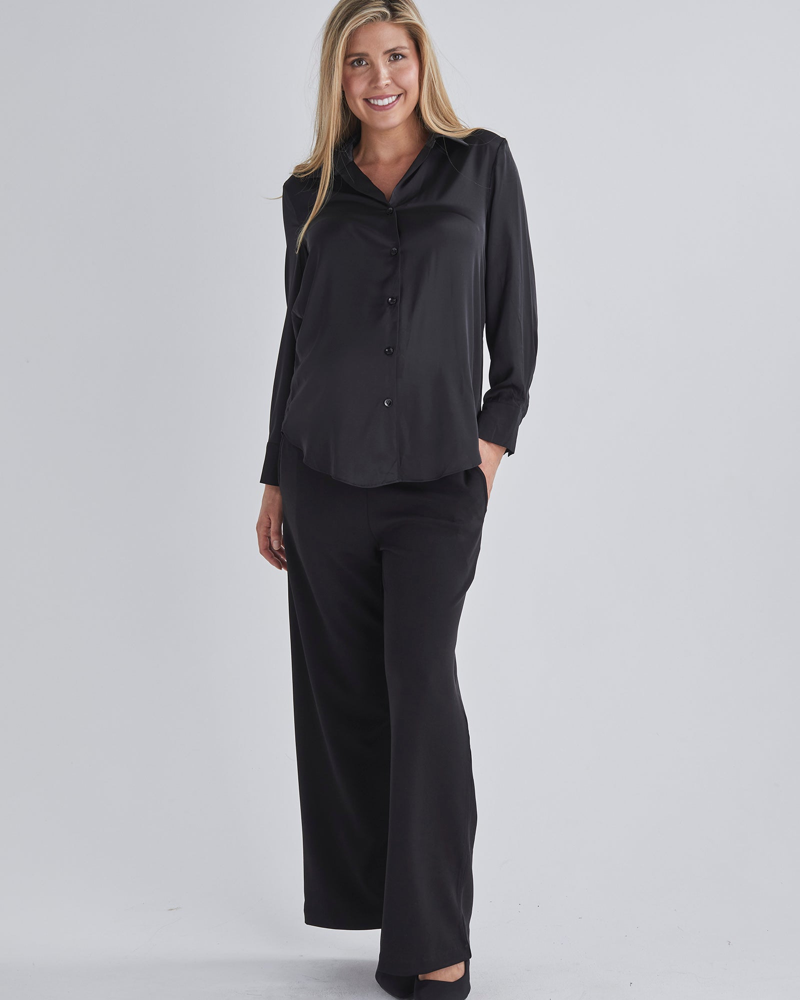 Main1 view-This maternity work shirt has long sleeves with a button up cuff which you can dress it up or down, this versatile piece offers comfort and sophistication for any occasio from Angel Maternity
