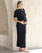 knitted black maternity rib with with side button and midi maternity skirt