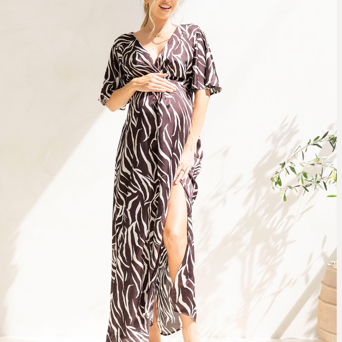 Margaux Maternity Evening Maxi Dress in Chocolate Zebra Print
