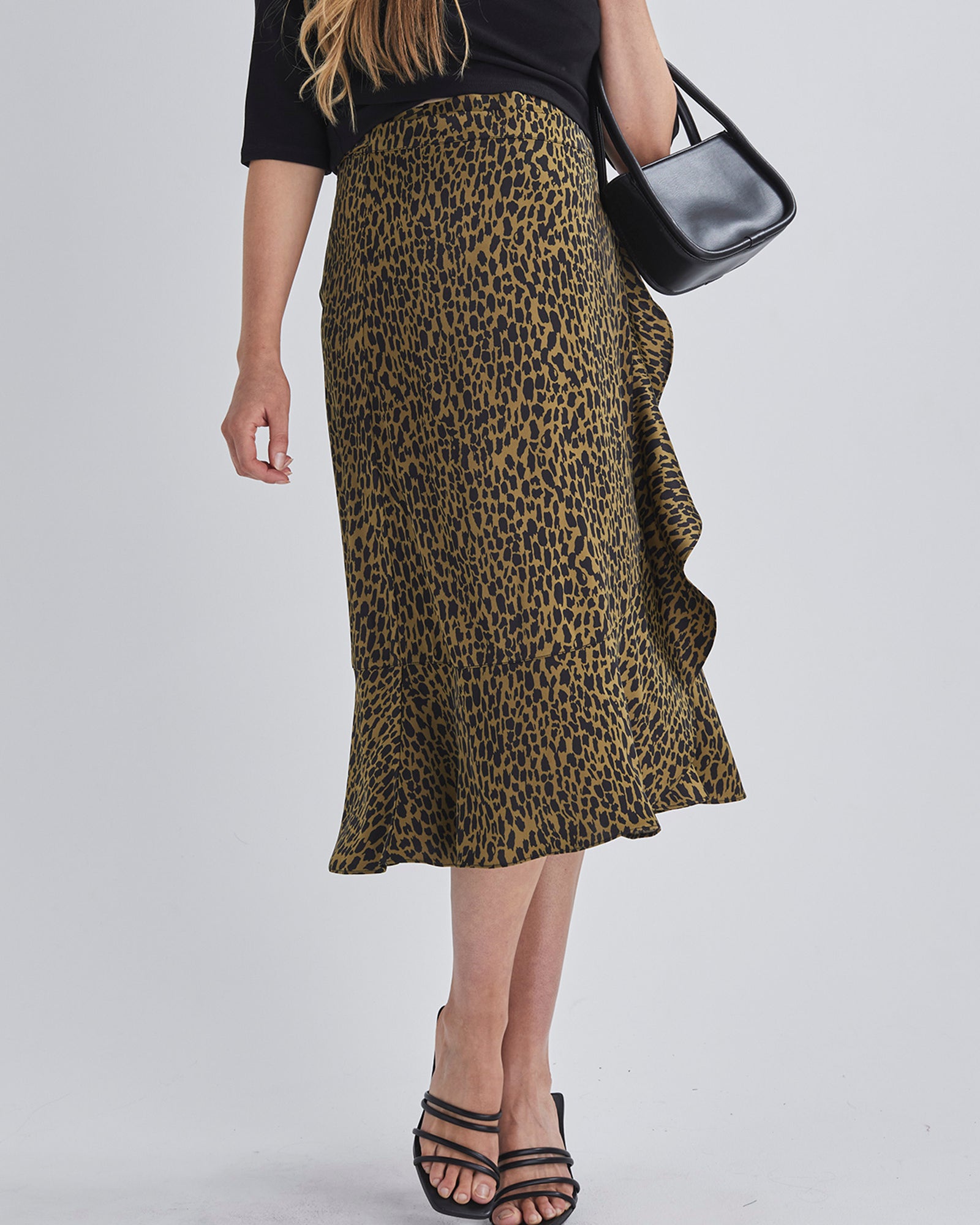 Front view-Throw on and go Midi skirt Designed to fit through all stages of pregnancy Wrap design Ruffled hem from AngelMaternity