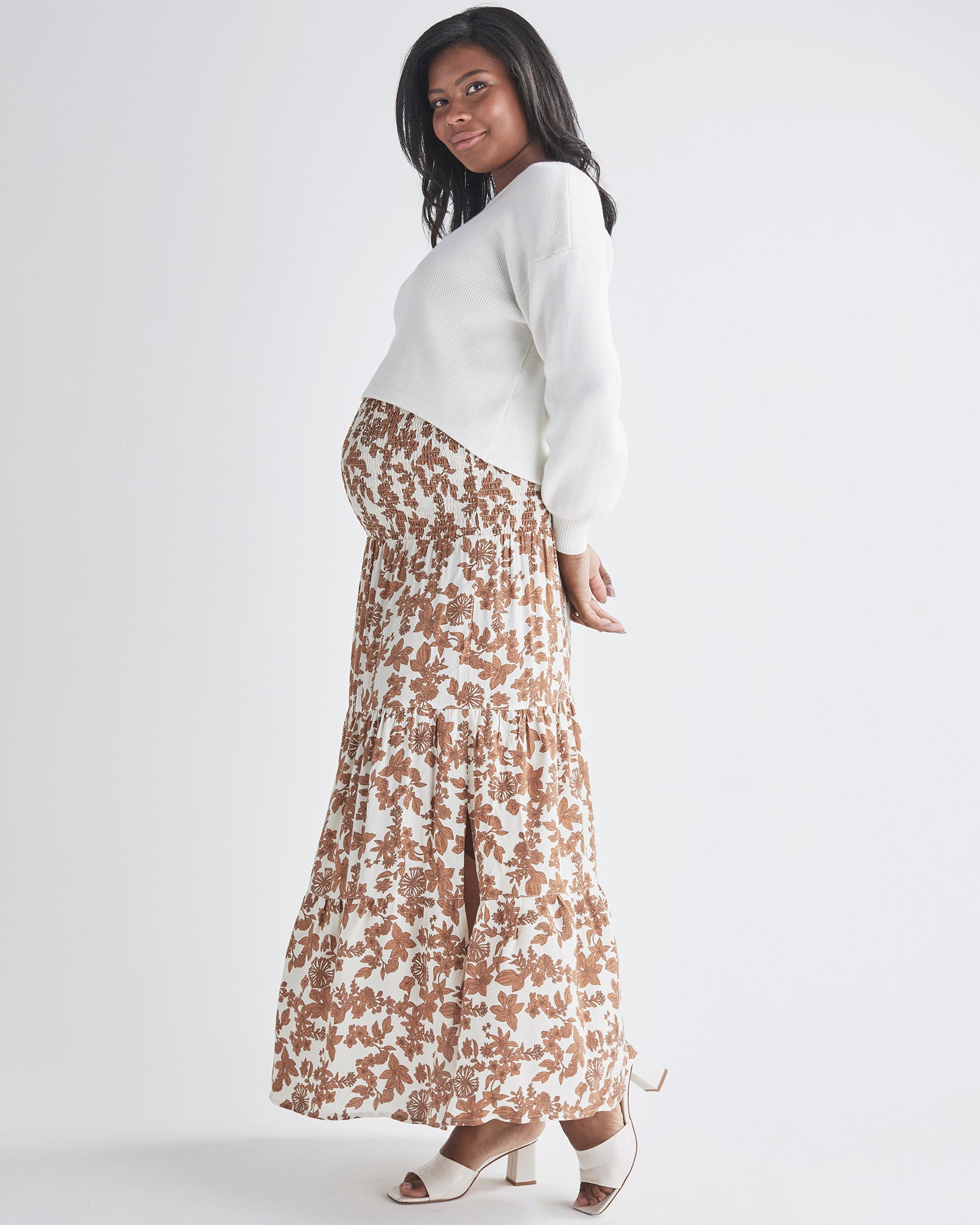 Side view-Long skirt &amp; Strapless dress&nbsp; Shirred elastic waist band Casual, work or day-to-night wear Colour: Brown Floral Print from AngelMaternity
