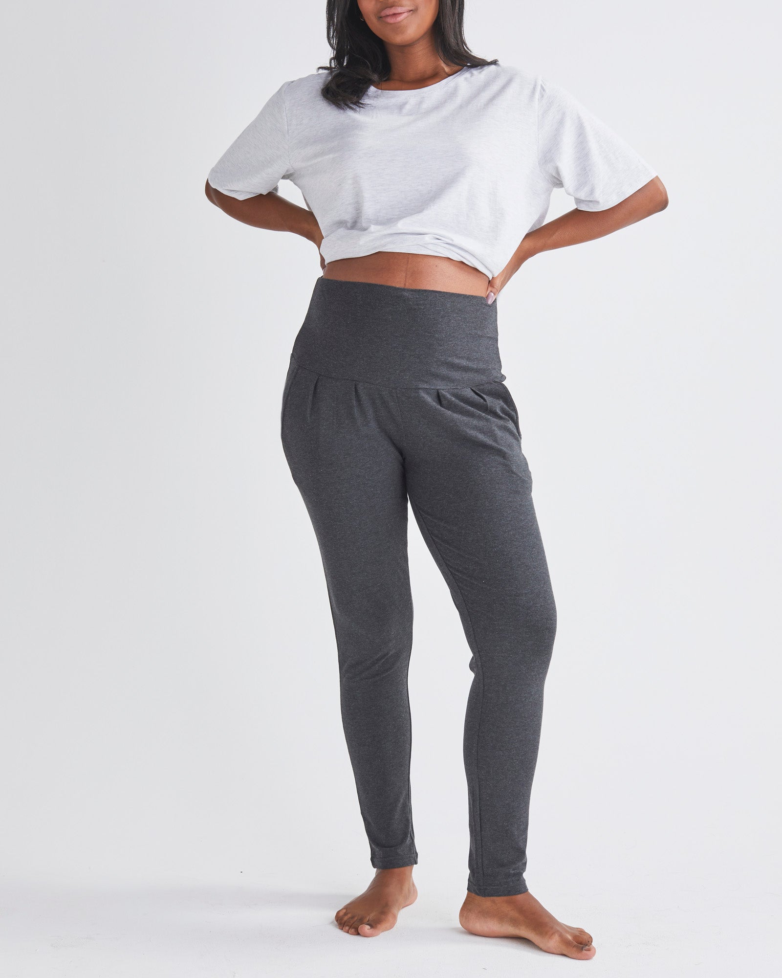 Main View - A Pregnannt Woman Wearing Eden Ultra Soft Maternity Lounge Pants in Charcoal from Angel Maternity.