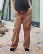 front view- maternity cotton cargo pants brown