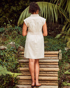 Back view- maternity cotton shirt dress in beige