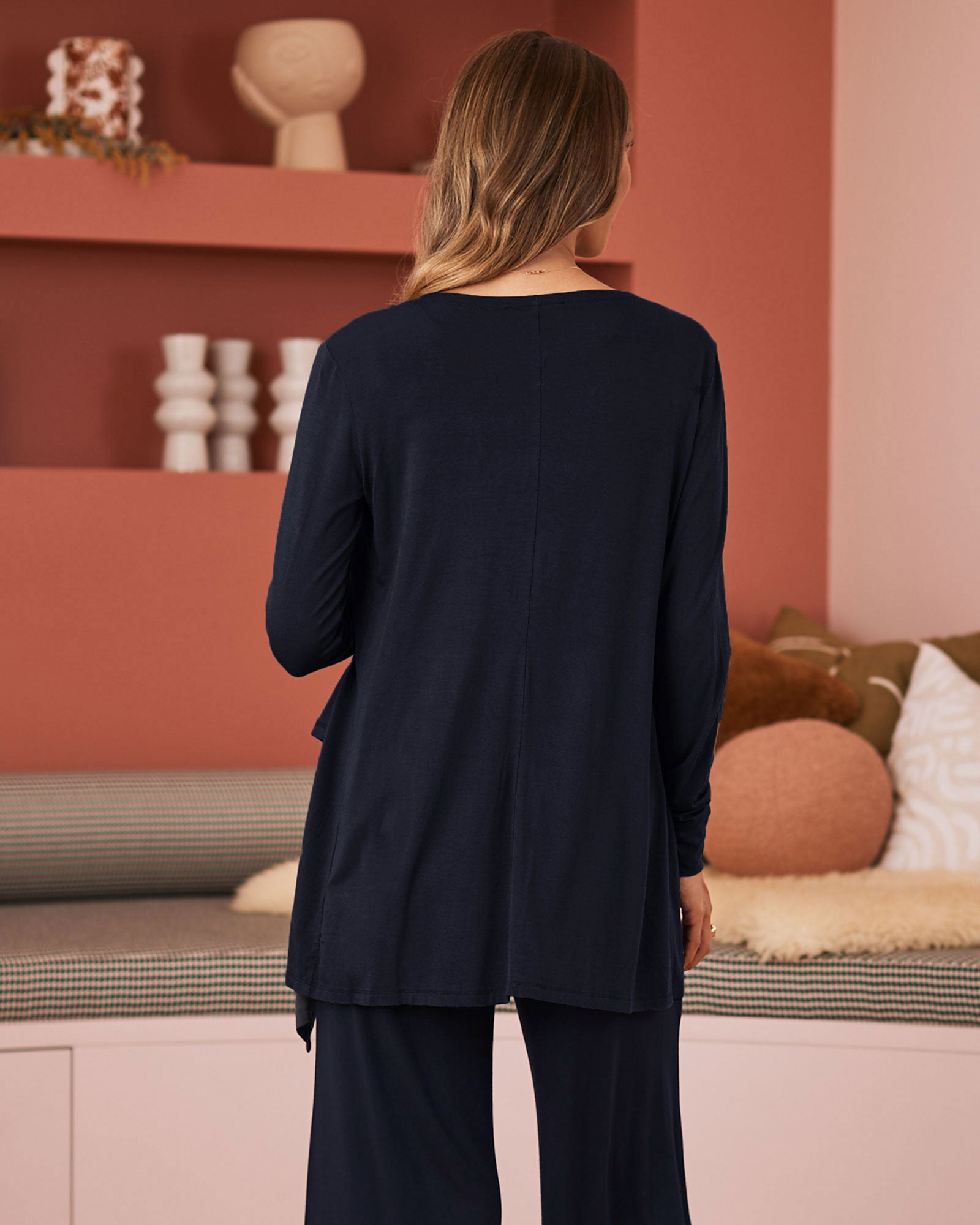 Back view- maternity nursing cardigan navy
