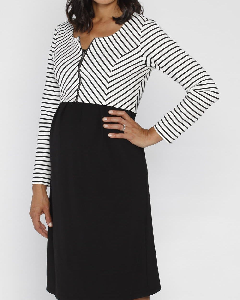 Angel Maternity Stripe Work Dress with Zipper Details - Black (10007640582)