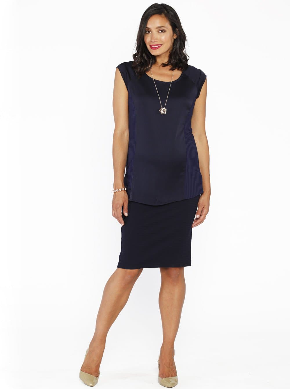 Maternity Straight Cut Maternity Work Skirt in Navy Self Stripe (10088243206)