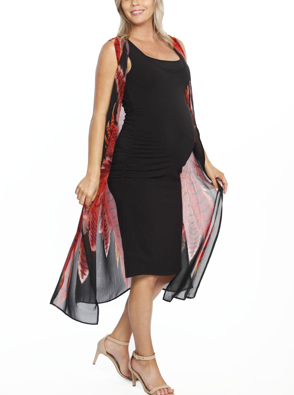 Maternity Chiffon Sleeveless Summer Long Cardigan - Red & Black Print light weight kimono (1588821786727)