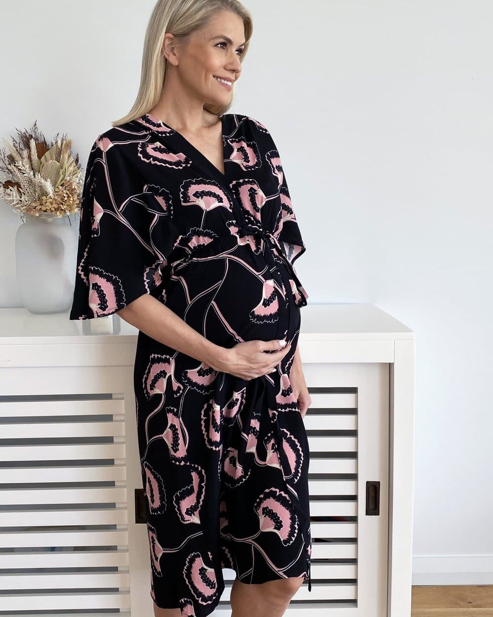 Main View - Maternity Bella Black Midi Dress in Hibiscus Print in Angel Maternity