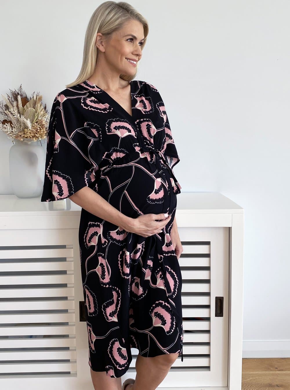 Main View - Maternity Bella Black Midi Dress in Hibiscus Print in Angel Maternity