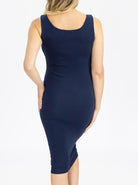 Back View - Maternity Cotton Sleeveless Bodycon Dress in Black or Navy from Angel Maternity