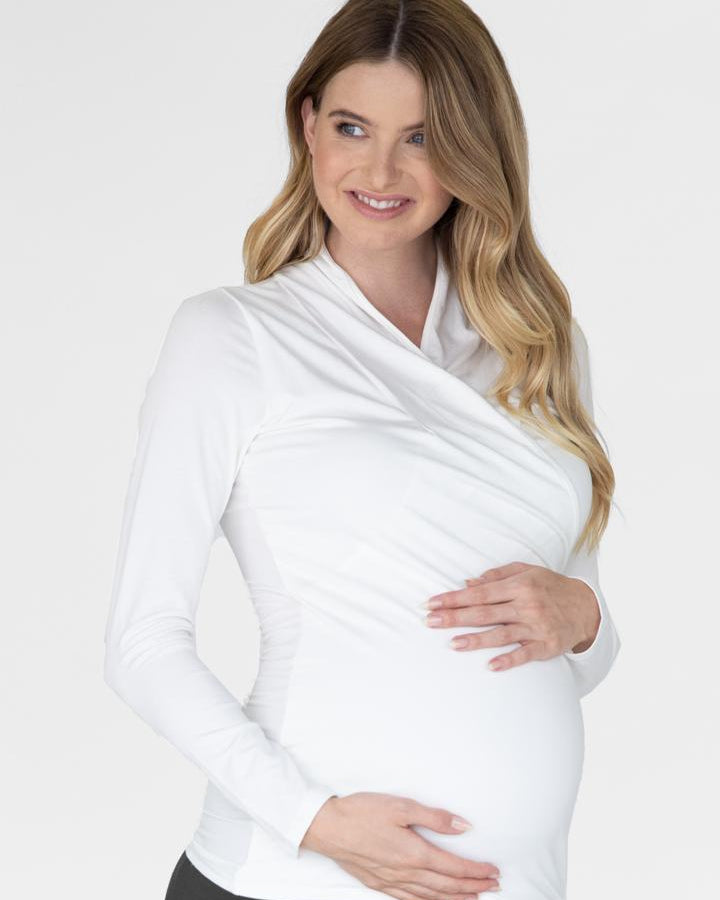 Maternity V-Neck Crossover Bamboo Long Sleeve Top - White - Angel Maternity - Maternity clothes - shop online (2242984345703)