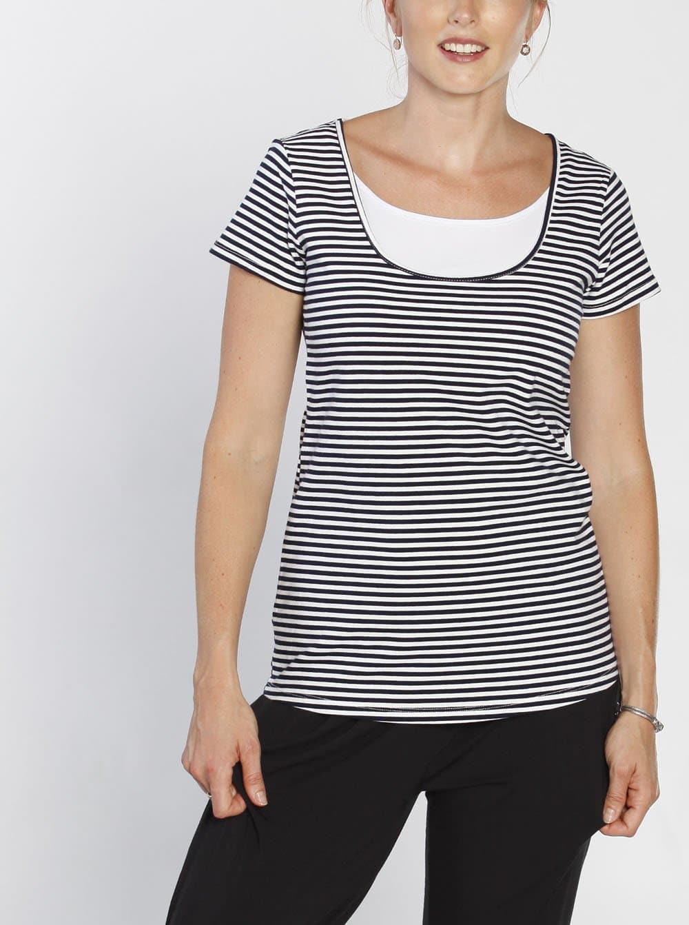 Breastfeeding Short Sleeve Tee Top - Black & White Stripes - Angel Maternity - Maternity clothes - shop online (121887457301)