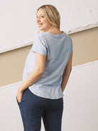 Back view - A Pregnant Woman in Basic Ice Blue Short Sleeve Maternity Cotton T-shirt (6708951613543)