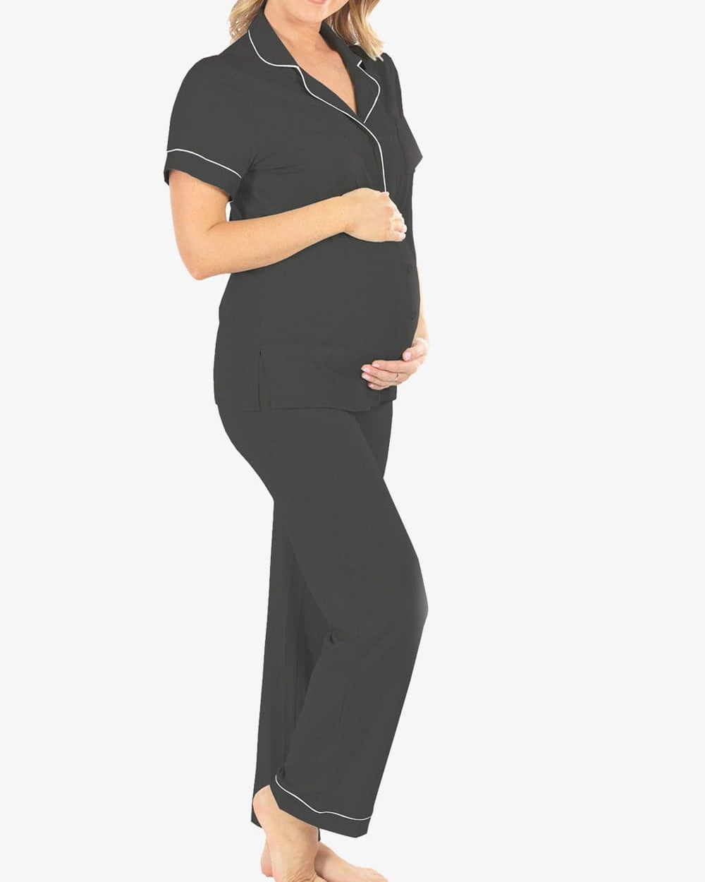 Maternity and Nursing short Sleeve Pyjama Set in Black Bamboo (6594432172135)