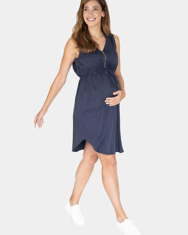 Maternity and Nursing Tencil Dress in Navy front (4771245129831)