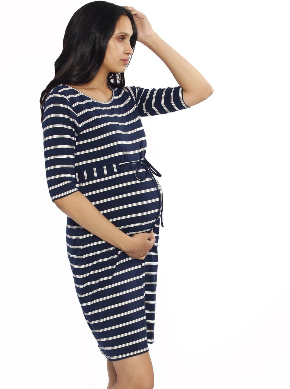 The Mummy Drawstring Half Sleeve Dress - Navy & White Stripes - Angel Maternity - Maternity clothes - shop online (1398312960103)