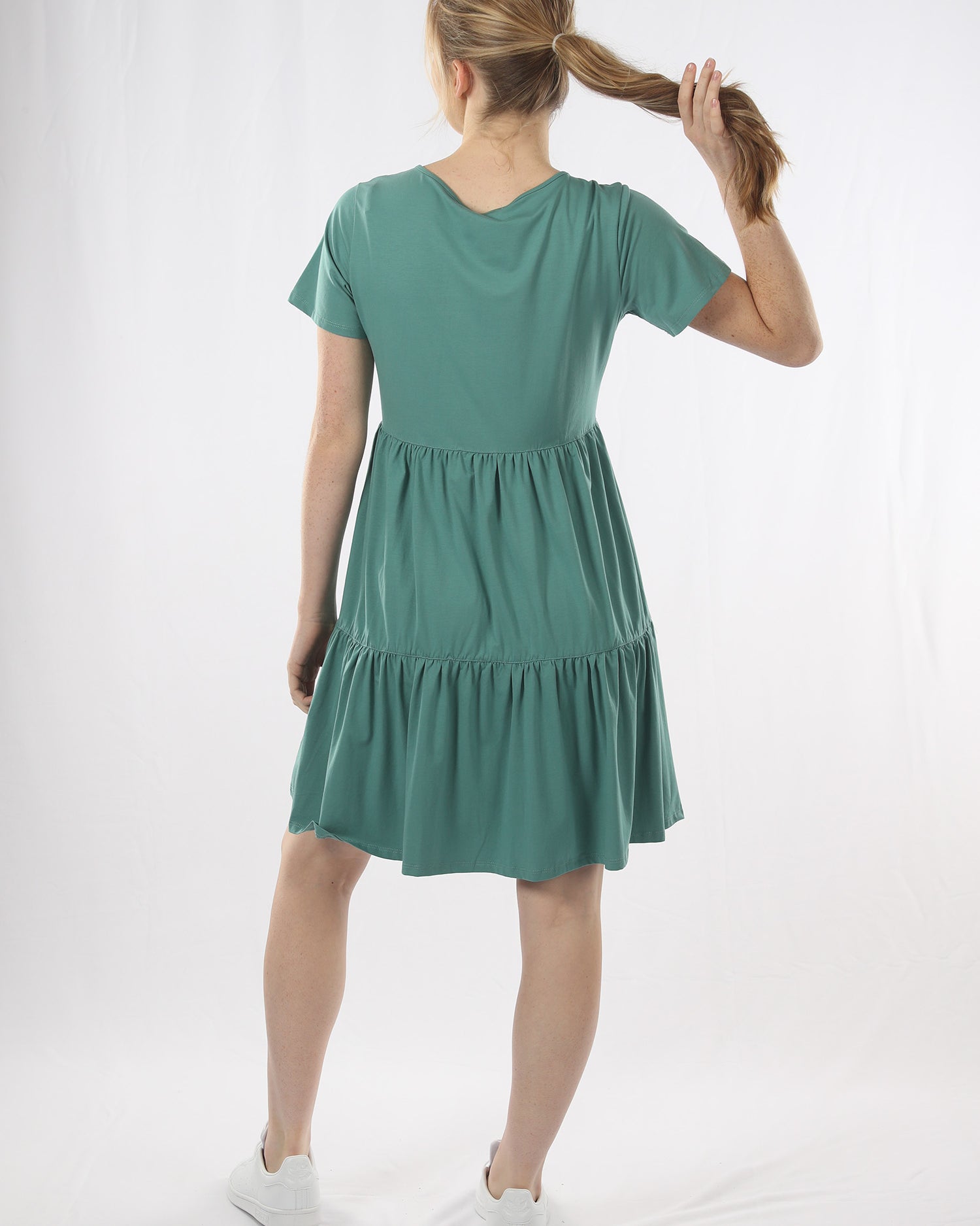Back view - A Pregnant Woman in Sage Green Maternity Tiered Dress (6708003635303)