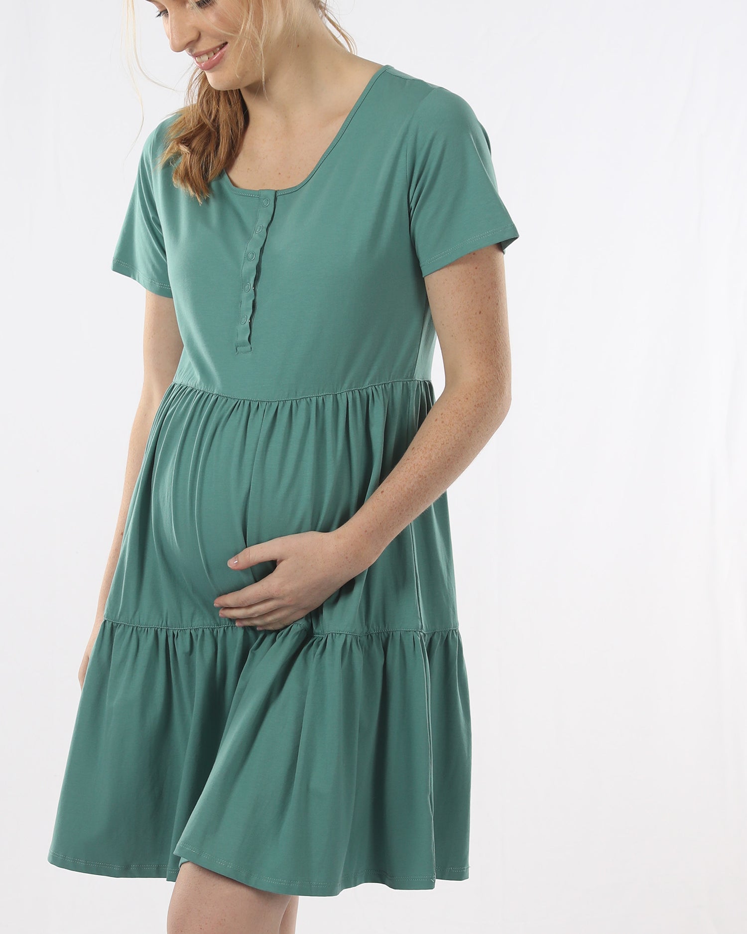 Side View - A pregnant Woman in Sage Green Maternity Tiered Dress