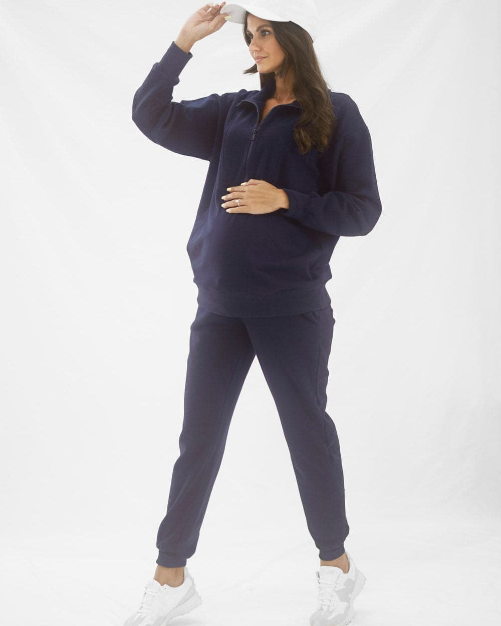 A woman in Calla navy black maternity tracksuit set, front3 (6647093657703)