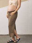 Maternity Side Ruching High Waist Maxi Skirt - Khaki (11766507797)