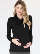 A women in long sleeve black navy bamboo maternity v-neck crossover top, front (2242995290215)