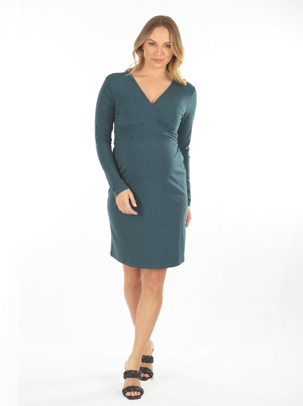 A woman in Madison cross over teal maternity dress, front3 (6593995014247)