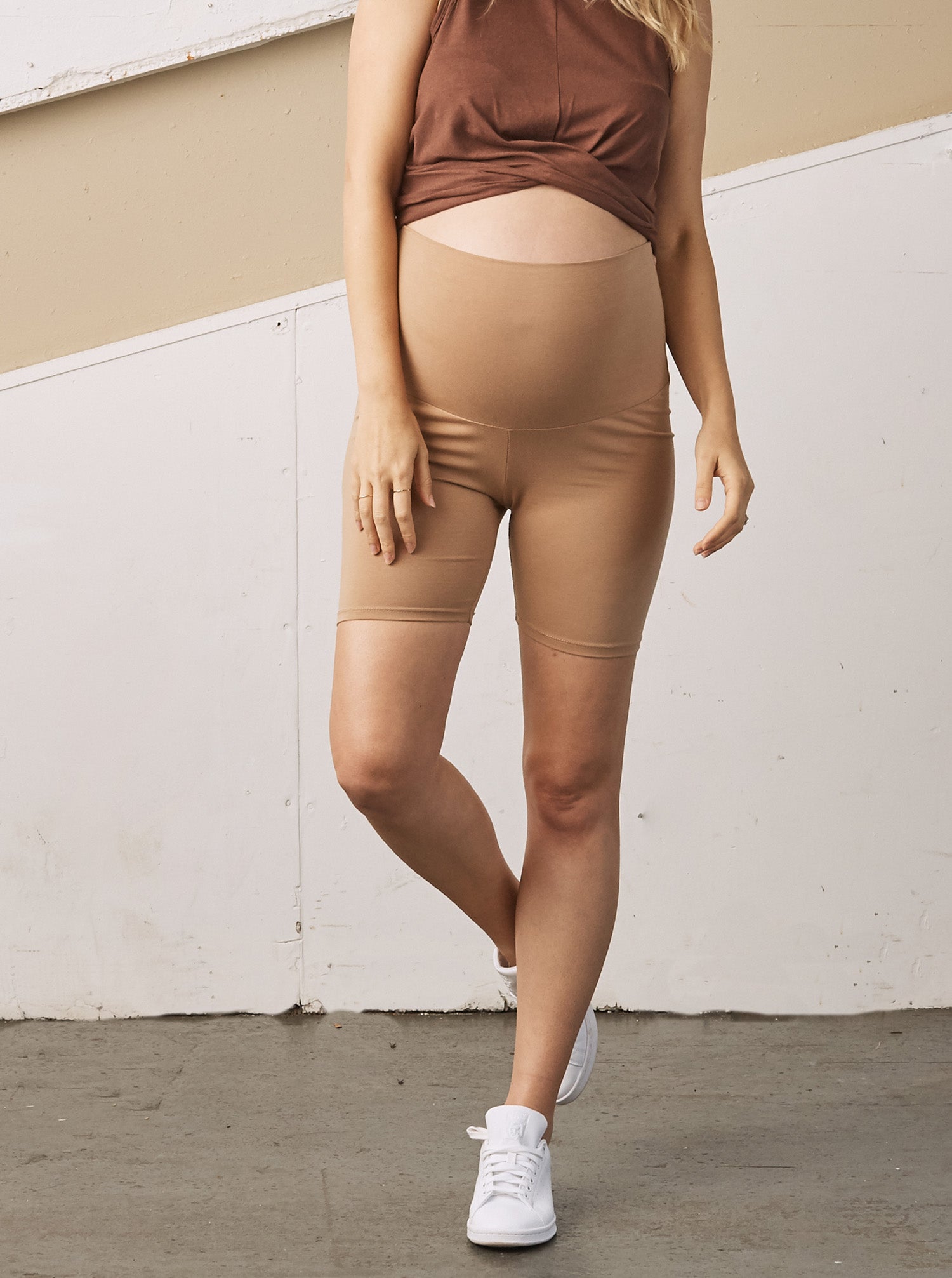Main view - A pregnant Woman in Maternity Cotton Bike Shorts in Nude Colour from Angel Maternity  (6699007901799)