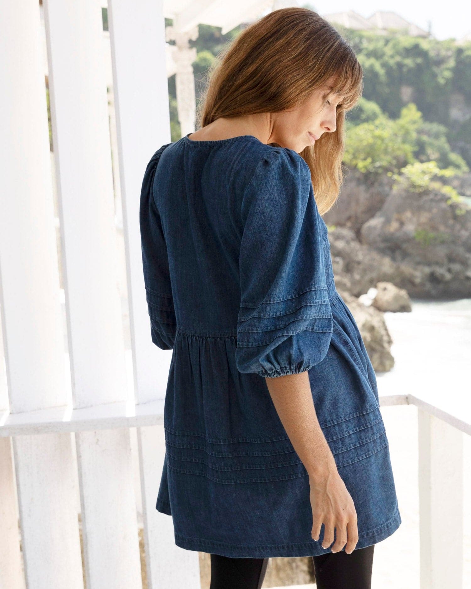 Maternity Denim Blouse with Puff Sleeve (6660202037351)