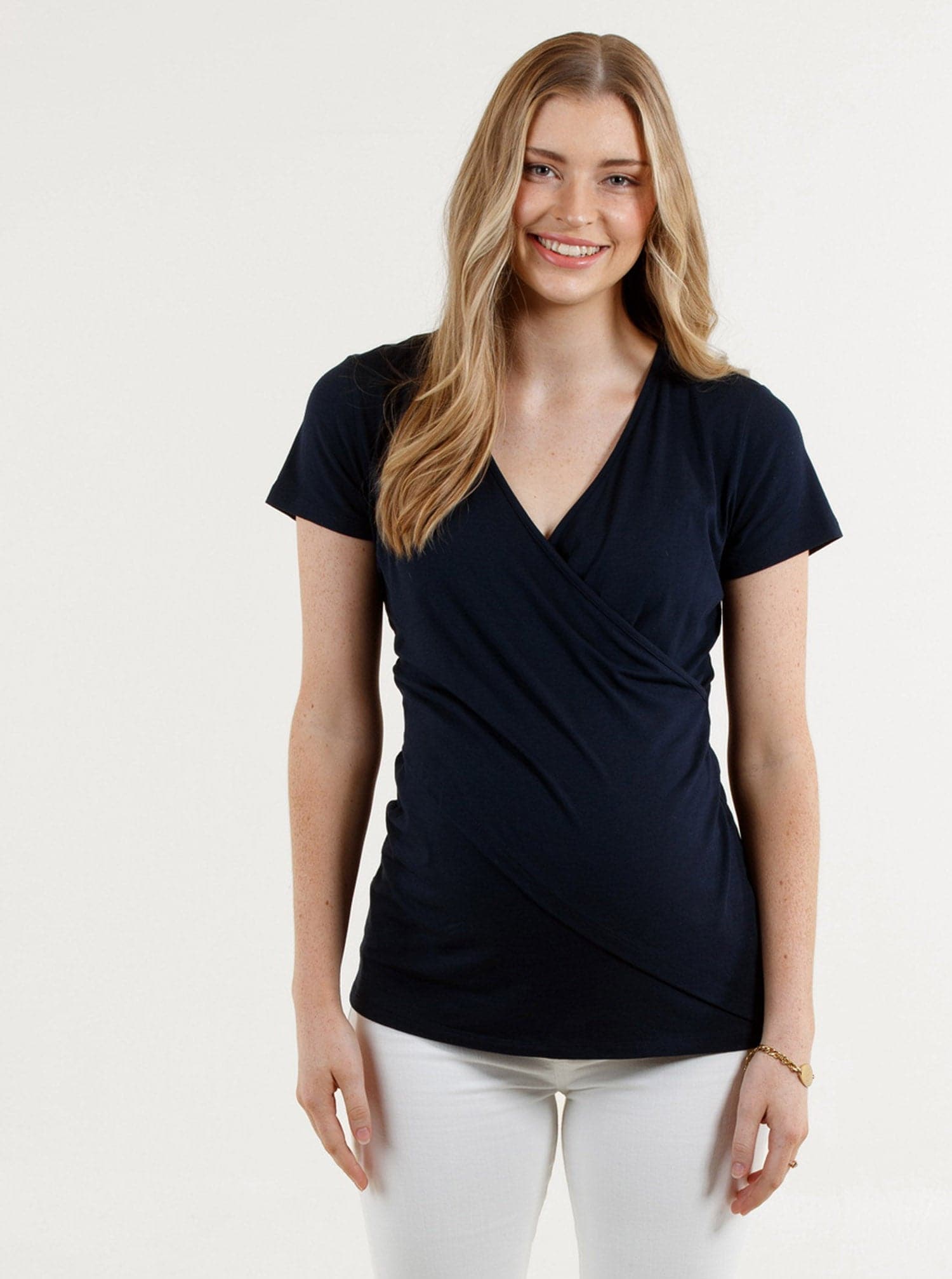 A woman in maternity nursing crossover bamboo tee, main (4331798233191)