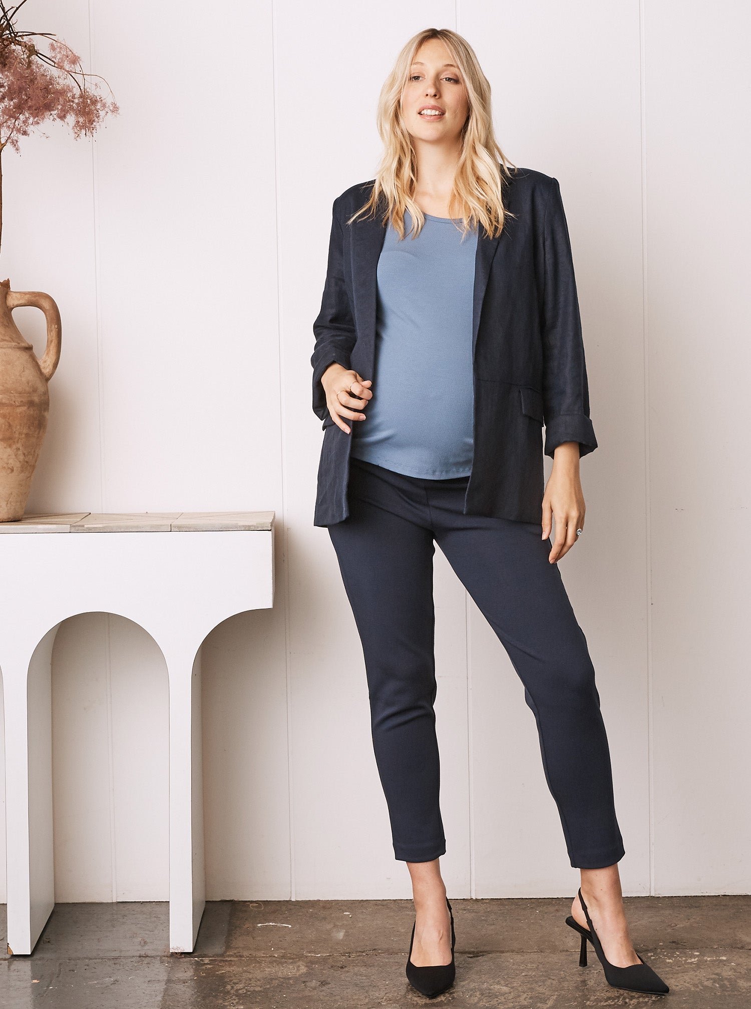 Maternity Linen Jacket in Navy (6714118733927)