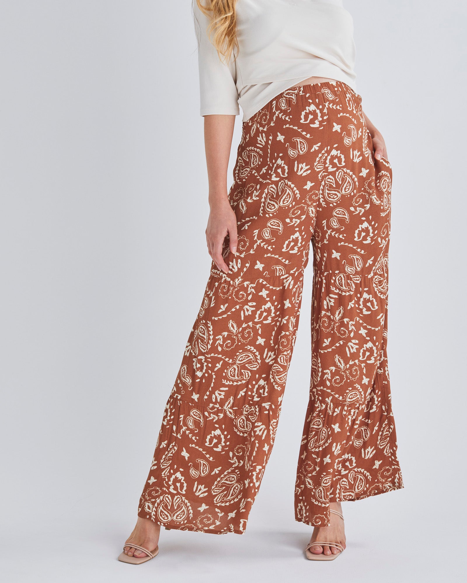 Stacie Wide Leg Maternity Ruffled Pants in Brown Paisley Print from Angel Maternity