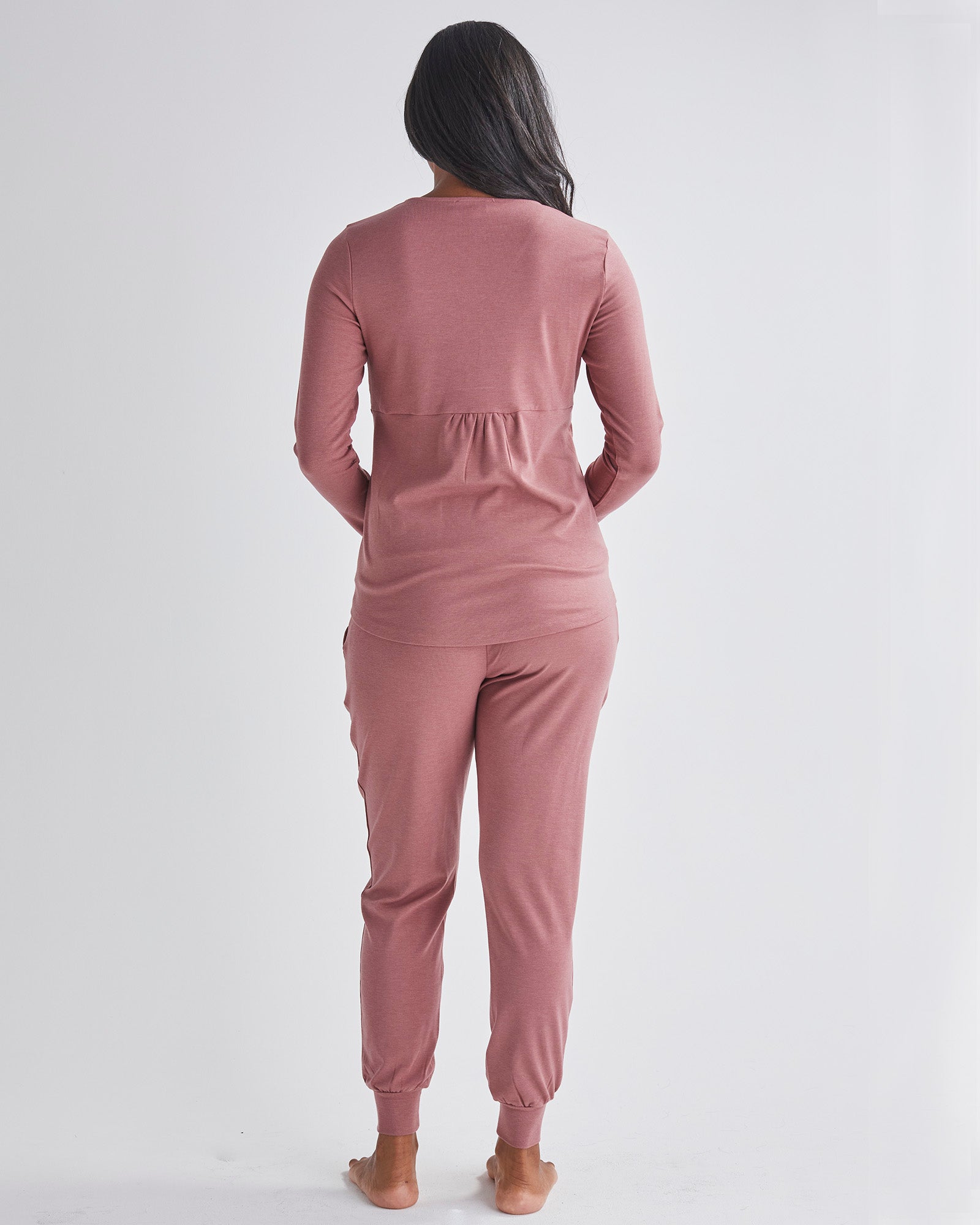 Back View - A Pregnant Woman Wearing 2-Piece Kyra Maternity Loungewear/Sleepwear PJ set in Pink from Angel maternity