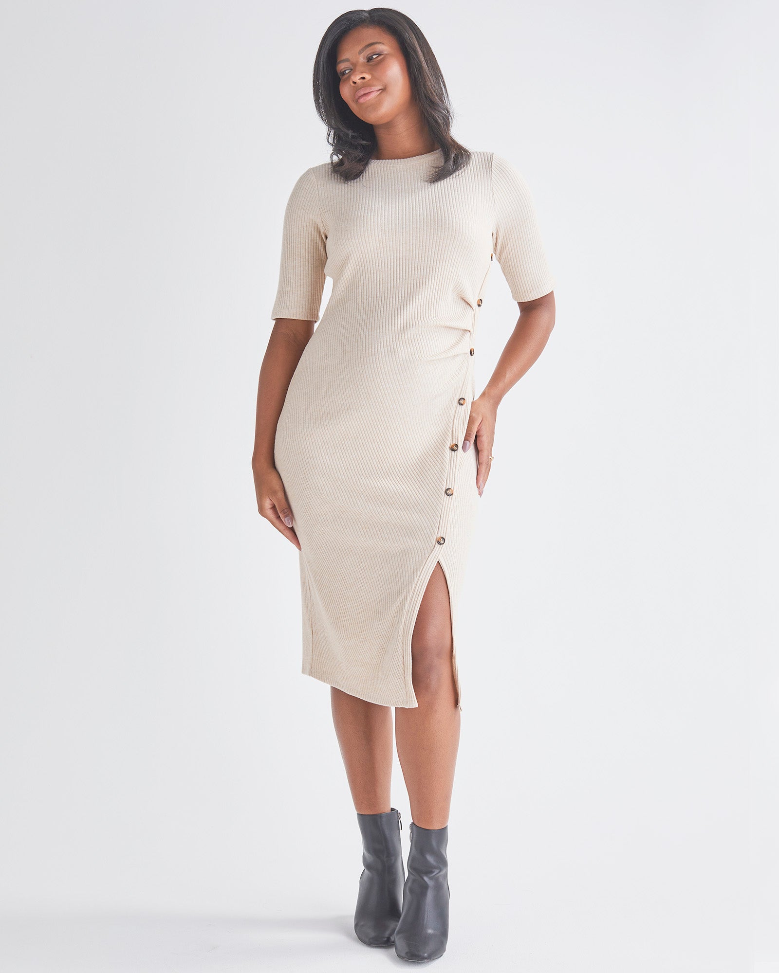 Main view- Maternity Bodycon Dress- Side Button detail Fashion-forward Design Functionality Comfort Flattering Fit from AngelMaternity
