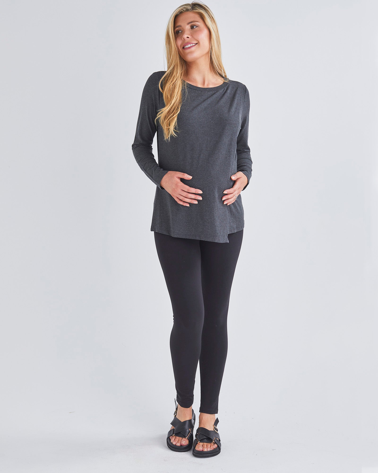 Full View - Easy Access Long Sleeve  Nursing Petal Top in Charcoal from Angel Maternity